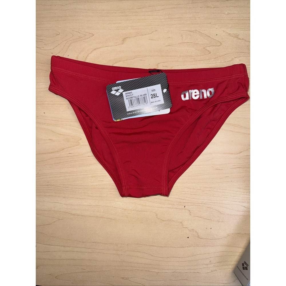 ARENA Men's BRIEF SWIMSUIT Space F Sz 28 Red/Metallic Silver Letters